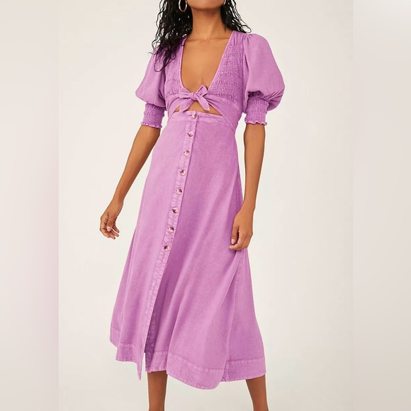 Free People Lilac Puff Sleeve Tie Front Midi Dress smocking Cottagecore boho - Picture 1 of 6